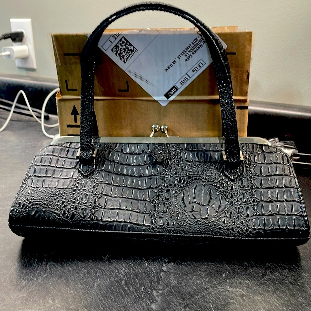 White House Black Market Kisslock Clutch Stitch Fabric Leather Blend Bag